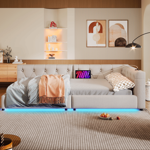 Sofá-cama 90x200 cm - com estrado, sem colchão, iluminação ambiente com comando, cabeceira acolchoada, USB+Tipo-C, linho - bege