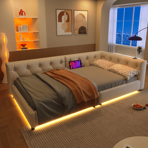 Sofá-cama 90x200 cm - com estrado, sem colchão, iluminação ambiente com comando, cabeceira acolchoada, USB+Tipo-C, linho - bege
