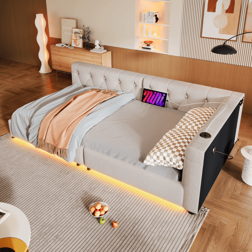 Sofá-cama 90x200 cm - com estrado, sem colchão, iluminação ambiente com comando, cabeceira acolchoada, USB+Tipo-C, linho - bege