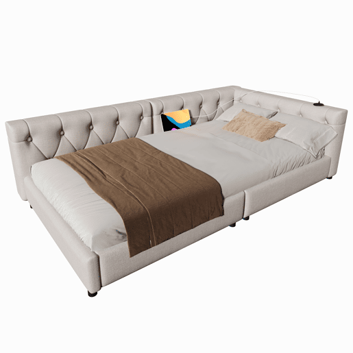 Sofá-cama 90x200 cm - com estrado, sem colchão, iluminação ambiente com comando, cabeceira acolchoada, USB+Tipo-C, linho - bege