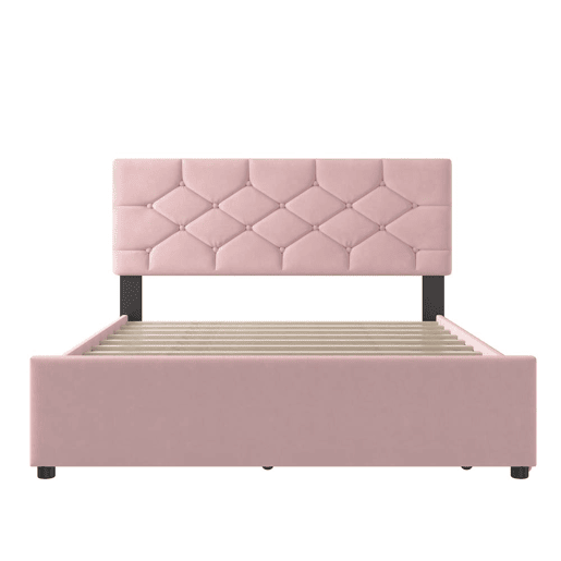 Cama estofada 140x200 cm - com estrado, sem colchão, com gaveta com rodízios, veludo, minimalista - rosa Cama estofada 140x200 cm - com estrado, sem colchão, com gaveta com rodízios, veludo, minimalista - rosa