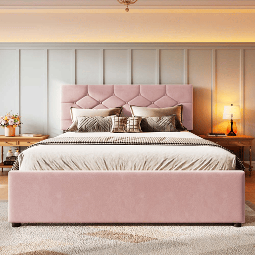 Cama estofada 140x200 cm - com estrado, sem colchão, com gaveta com rodízios, veludo, minimalista - rosa Cama estofada 140x200 cm - com estrado, sem colchão, com gaveta com rodízios, veludo, minimalista - rosa