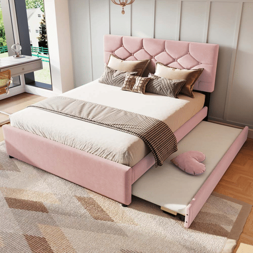 Cama estofada 140x200 cm - com estrado, sem colchão, com gaveta com rodízios, veludo, minimalista - rosa Cama estofada 140x200 cm - com estrado, sem colchão, com gaveta com rodízios, veludo, minimalista - rosa