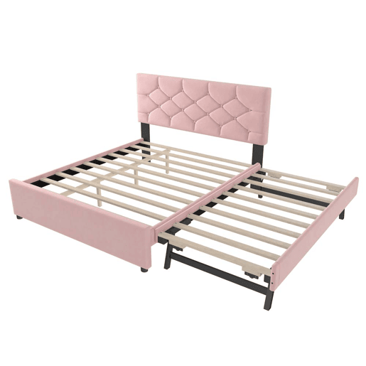 Cama estofada 140x200 cm - com estrado, sem colchão, com gaveta com rodízios, veludo, minimalista - rosa Cama estofada 140x200 cm - com estrado, sem colchão, com gaveta com rodízios, veludo, minimalista - rosa