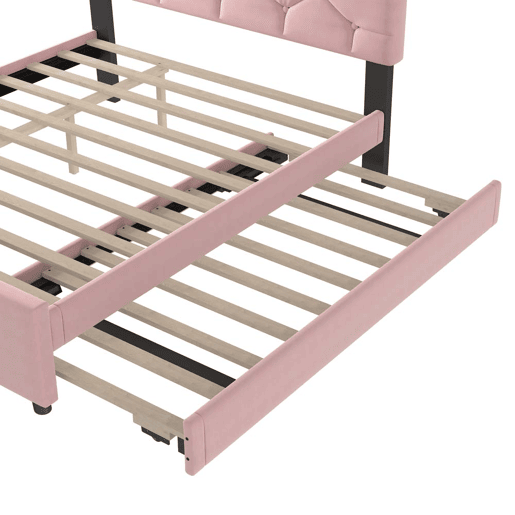 Cama estofada 140x200 cm - com estrado, sem colchão, com gaveta com rodízios, veludo, minimalista - rosa Cama estofada 140x200 cm - com estrado, sem colchão, com gaveta com rodízios, veludo, minimalista - rosa