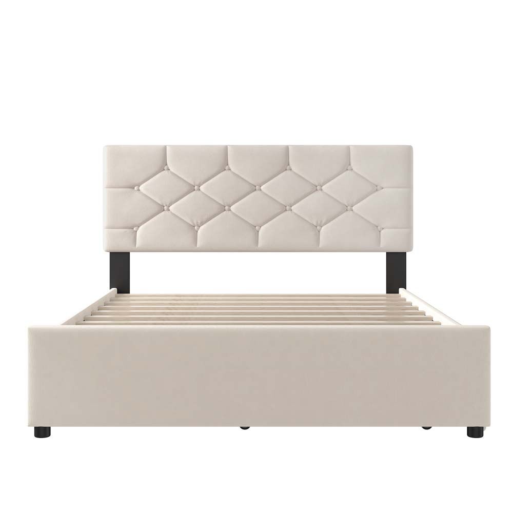 Cama tapizada 140x200 cm - con somier, sin colchón, con cajón rodante, terciopelo, minimalista - beige