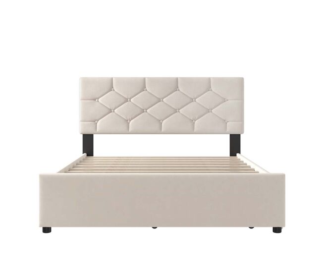Cama tapizada 140x200 cm - con somier, sin colchón, con cajón rodante, terciopelo, minimalista - beige