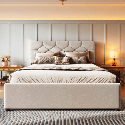 Cama estofada 140x200 cm - com estrado, sem colchão, com gaveta com rodízios, veludo, minimalista - bege Cama estofada 140x200 cm - com estrado, sem colchão, com gaveta com rodízios, veludo, minimalista - bege