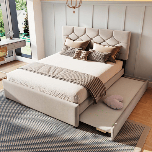 Cama estofada 140x200 cm - com estrado, sem colchão, com gaveta com rodízios, veludo, minimalista - bege Cama estofada 140x200 cm - com estrado, sem colchão, com gaveta com rodízios, veludo, minimalista - bege