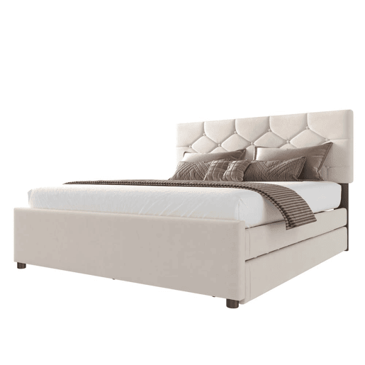 Cama estofada 140x200 cm - com estrado, sem colchão, com gaveta com rodízios, veludo, minimalista - bege Cama estofada 140x200 cm - com estrado, sem colchão, com gaveta com rodízios, veludo, minimalista - bege