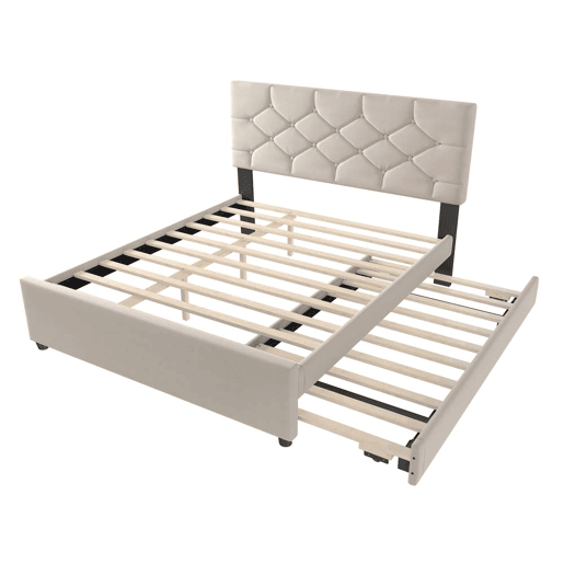 Cama estofada 140x200 cm - com estrado, sem colchão, com gaveta com rodízios, veludo, minimalista - bege Cama estofada 140x200 cm - com estrado, sem colchão, com gaveta com rodízios, veludo, minimalista - bege