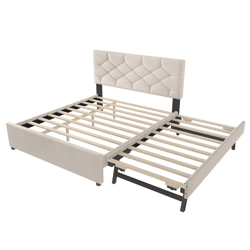 Cama estofada 140x200 cm - com estrado, sem colchão, com gaveta com rodízios, veludo, minimalista - bege Cama estofada 140x200 cm - com estrado, sem colchão, com gaveta com rodízios, veludo, minimalista - bege