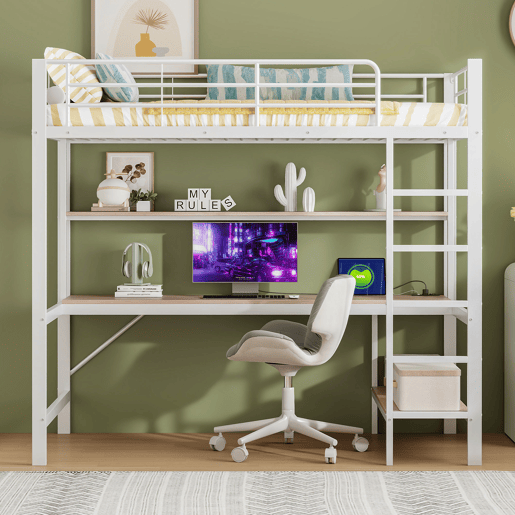 Cama alta 90x200cm - Com corrimão, escada, USB e tomada, com luzes LED, secretária, estante multifuncional - Branco