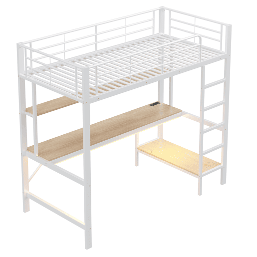 Cama alta 90x200cm - Com corrimão, escada, USB e tomada, com luzes LED, secretária, estante multifuncional - Branco