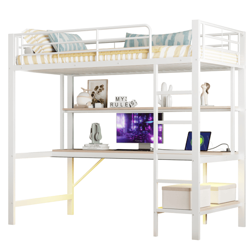 Cama alta 90x200cm - Com corrimão, escada, USB e tomada, com luzes LED, secretária, estante multifuncional - Branco