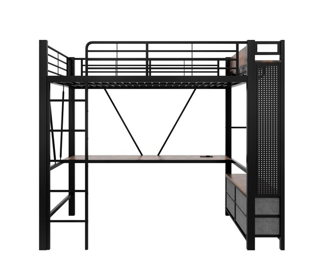 Cama alta 90x200 cm - hierro con escritorio, barra secado, estantes, 4 cajones, usb+tipo-c, led, barandilla, escalera, sin colchón - negro