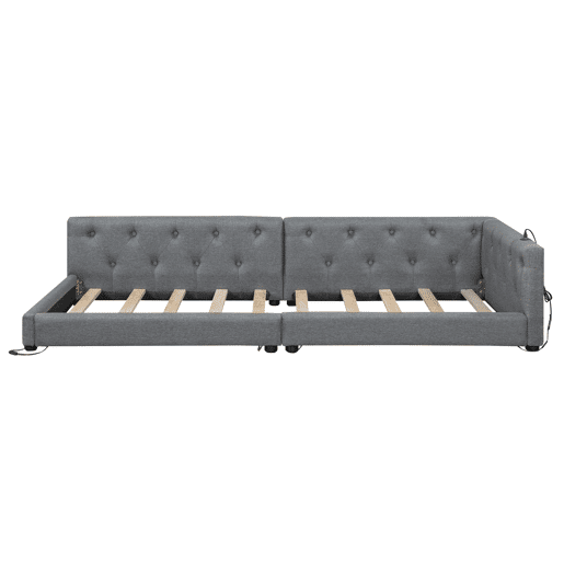 Sofá-cama 90x200 cm - com estrado, sem colchão, iluminação ambiente com comando, cabeceira capitoné, USB+Tipo-C, linho - cinzento