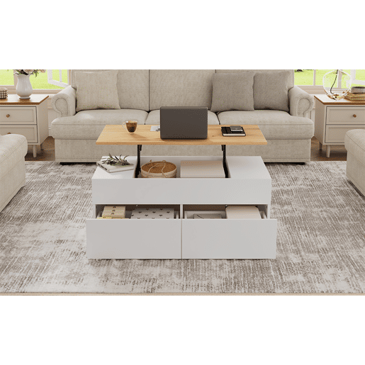 Mesa de centro 100 * 50 * 40 cm - Mesa de centro elevável com arrumação oculta e 2 gavetas - Branco + Madeira