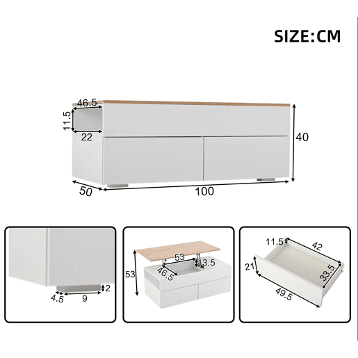 Mesa de centro 100 * 50 * 40 cm - Mesa de centro elevável com arrumação oculta e 2 gavetas - Branco + Madeira