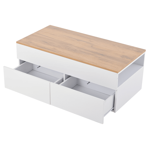 Mesa de centro 100 * 50 * 40 cm - Mesa de centro elevável com arrumação oculta e 2 gavetas - Branco + Madeira