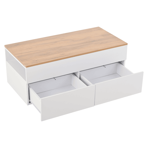 Mesa de centro 100 * 50 * 40 cm - Mesa de centro elevável com arrumação oculta e 2 gavetas - Branco + Madeira