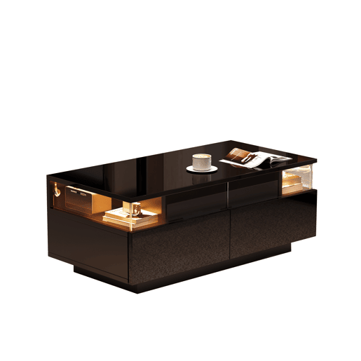 Mesa de centro 90 * 45 * 35,5 cm - Mesa de centro com tabuleiro, 2 gavetas, mesa de apoio em vidro temperado com luz LED - Preto