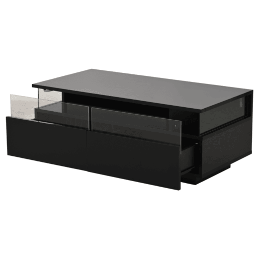 Mesa de centro 90 * 45 * 35,5 cm - Mesa de centro com tabuleiro, 2 gavetas, mesa de apoio em vidro temperado com luz LED - Preto