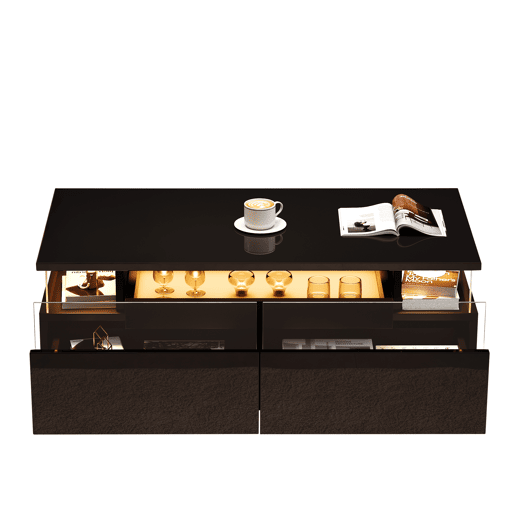 Mesa de centro 90 * 45 * 35,5 cm - Mesa de centro com tabuleiro, 2 gavetas, mesa de apoio em vidro temperado com luz LED - Preto