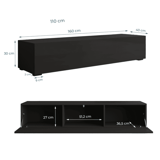 Móvel TV Sala de estar e jantar Preto 160x40x32 1 porta Nora H2 Muebles Bonitos