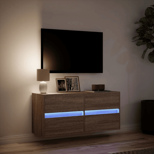 Móvel de parede p TV - Armário de TV luzes LED 100x31x45 cm carvalho castanho