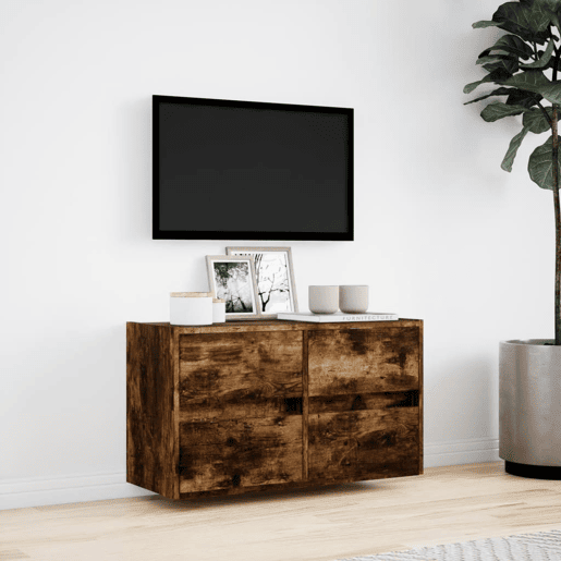 Móvel de parede p TV - Armário de TV c luzes LED 80x31x45 cm carvalho fumado