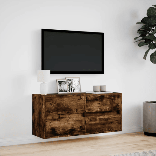 Móvel de parede p TV - Armário de TV c luzes LED 100x31x45 cm carvalho fumado
