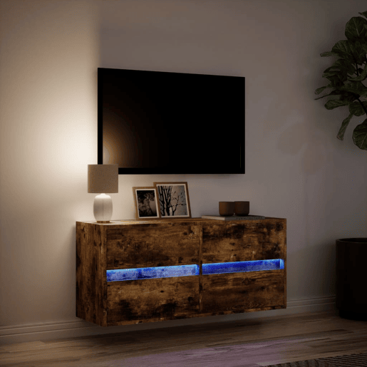 Móvel de parede p TV - Armário de TV c luzes LED 100x31x45 cm carvalho fumado