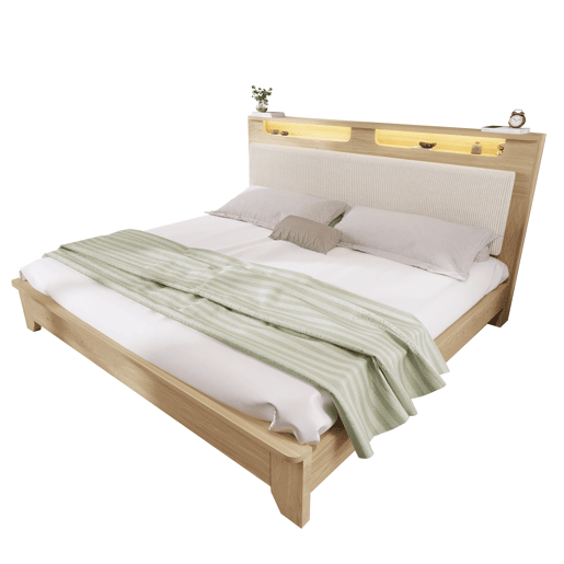 Cama de casal de madeira maciça 140x200cm com luz led,bege