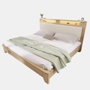 Cama de casal de madeira maciça 140x200cm com luz led,bege