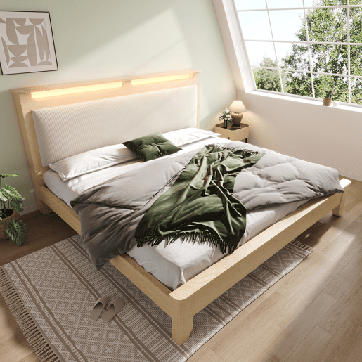 Cama de casal de madeira maciça 140x200cm com luz led,bege