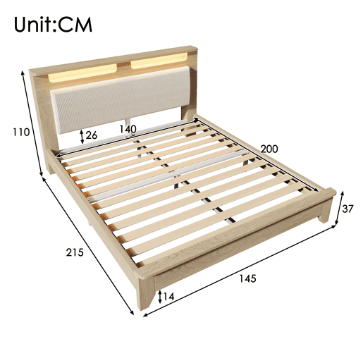 Cama de casal de madeira maciça 140x200cm com luz led,bege