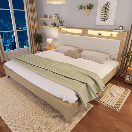 Cama de casal de madeira maciça 140x200cm com luz led,bege