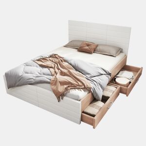 Cama de casal de madeira maciça 180x200cm com 2 gavetas,branco+carvalho