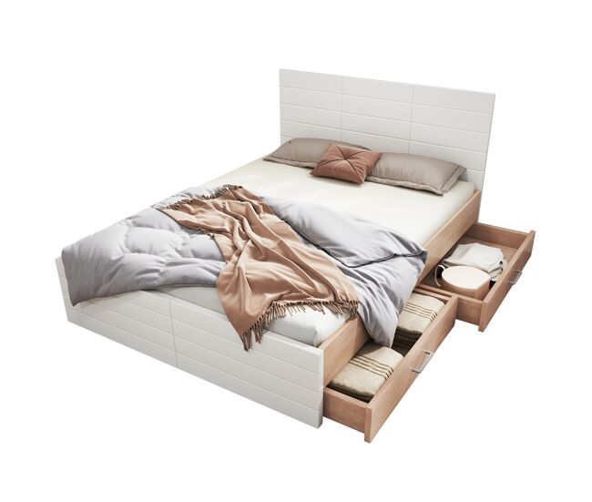 Cama de matrimonio de madera maciza 180x200cm con 2 cajones,blanco+roble