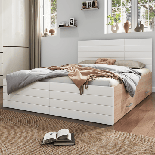 Cama de casal de madeira maciça 180x200cm com 2 gavetas,branco+carvalho