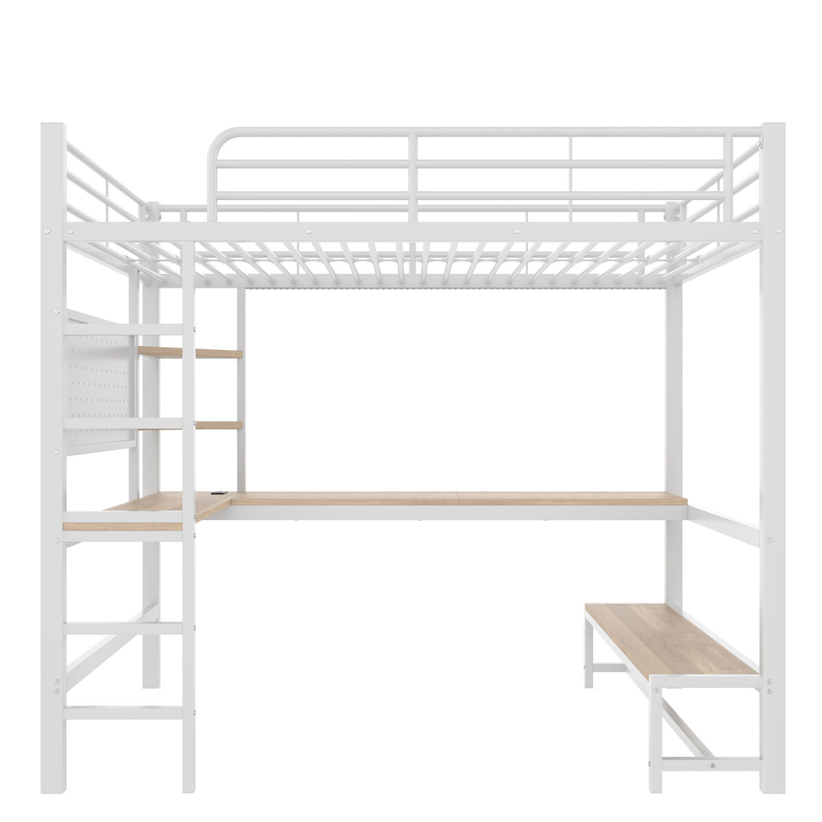 Cama alta 90x200cm - estructura de metal, escritorio, barandilla, escalera, estantes, con enchufe usb+type-c, tira led, con panel perforado, sin