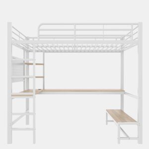 Cama alta 90x200cm - Estrutura em metal, secretária, corrimão, escada, prateleiras, com tomada USB + tipo C, faixa LED, com painel perfurado, sem colchão - Branco