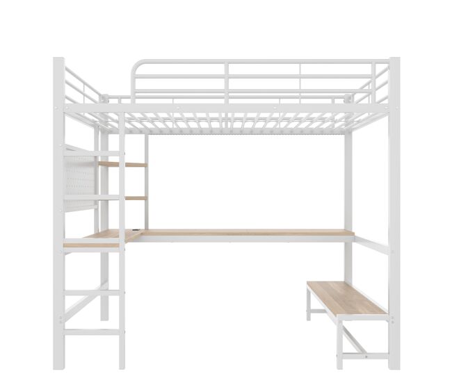 Cama alta 90x200cm - estructura de metal, escritorio, barandilla, escalera, estantes, con enchufe usb+type-c, tira led, con panel perforado, sin