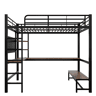 Cama alta 90x200 cm - Estrutura em ferro, secretária, corrimão, escada, prateleiras, com porta USB+Type-C, com faixa LED, com painel perfurado - Preto