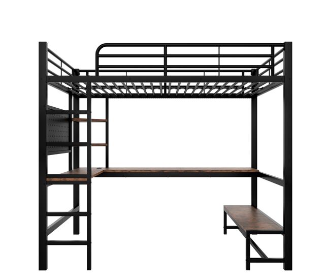 Cama alta 90x200 cm - estructura de hierro, escritorio, barandilla, escalera, estantes, con puerto usb+type-c, con tira led, con panel perforado -