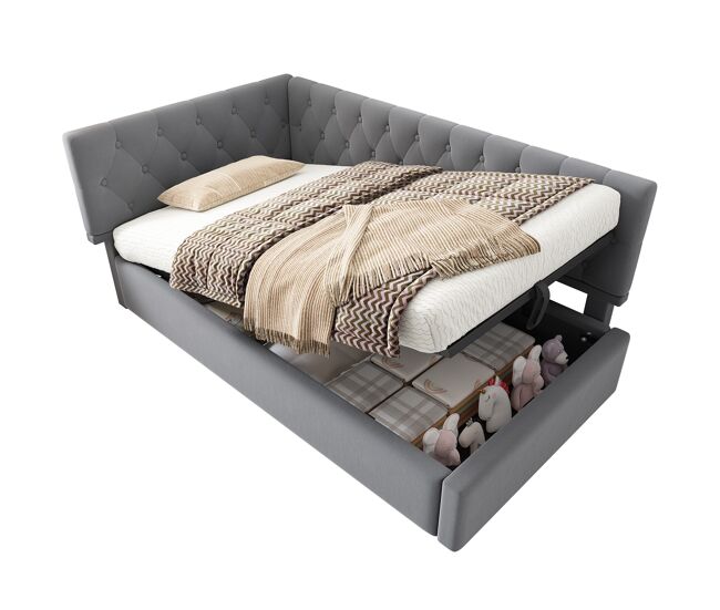 Cama individual de terciopelo 90x190cm con almacenaje,gris