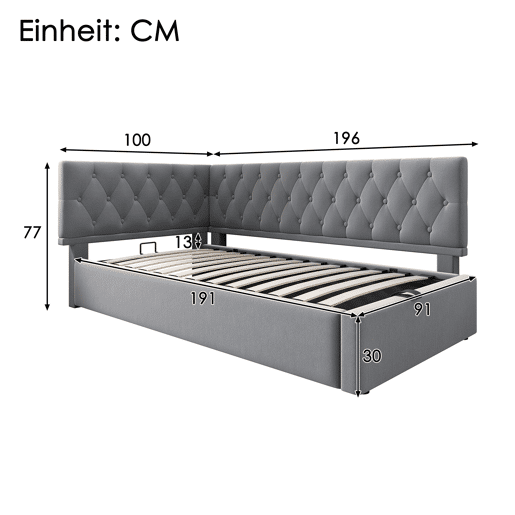 Cama de solteiro de veludo 90x190cm com armazenamento,cinzento
