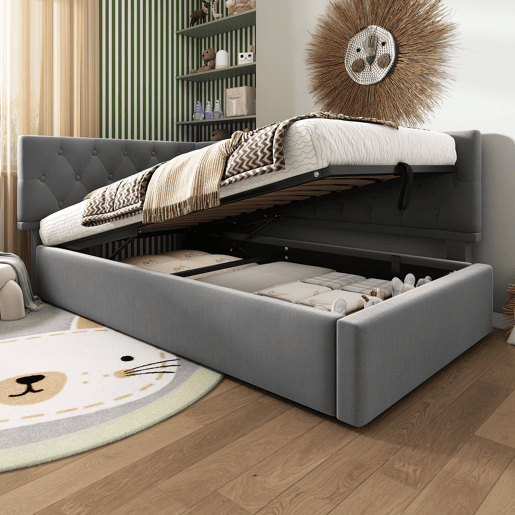 Cama de solteiro de veludo 90x190cm com armazenamento,cinzento