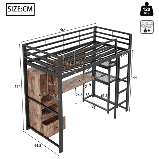 Cama alta 90x200cm - Cama metálica com LED, secretária, 1 gaveta, prateleiras, grade, escada - Preto